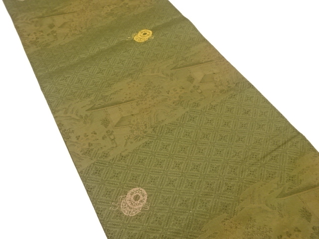 JAPANESE KIMONO / ANTIQUE MARU OBI / SILK / WOVEN MANSION & DRUM